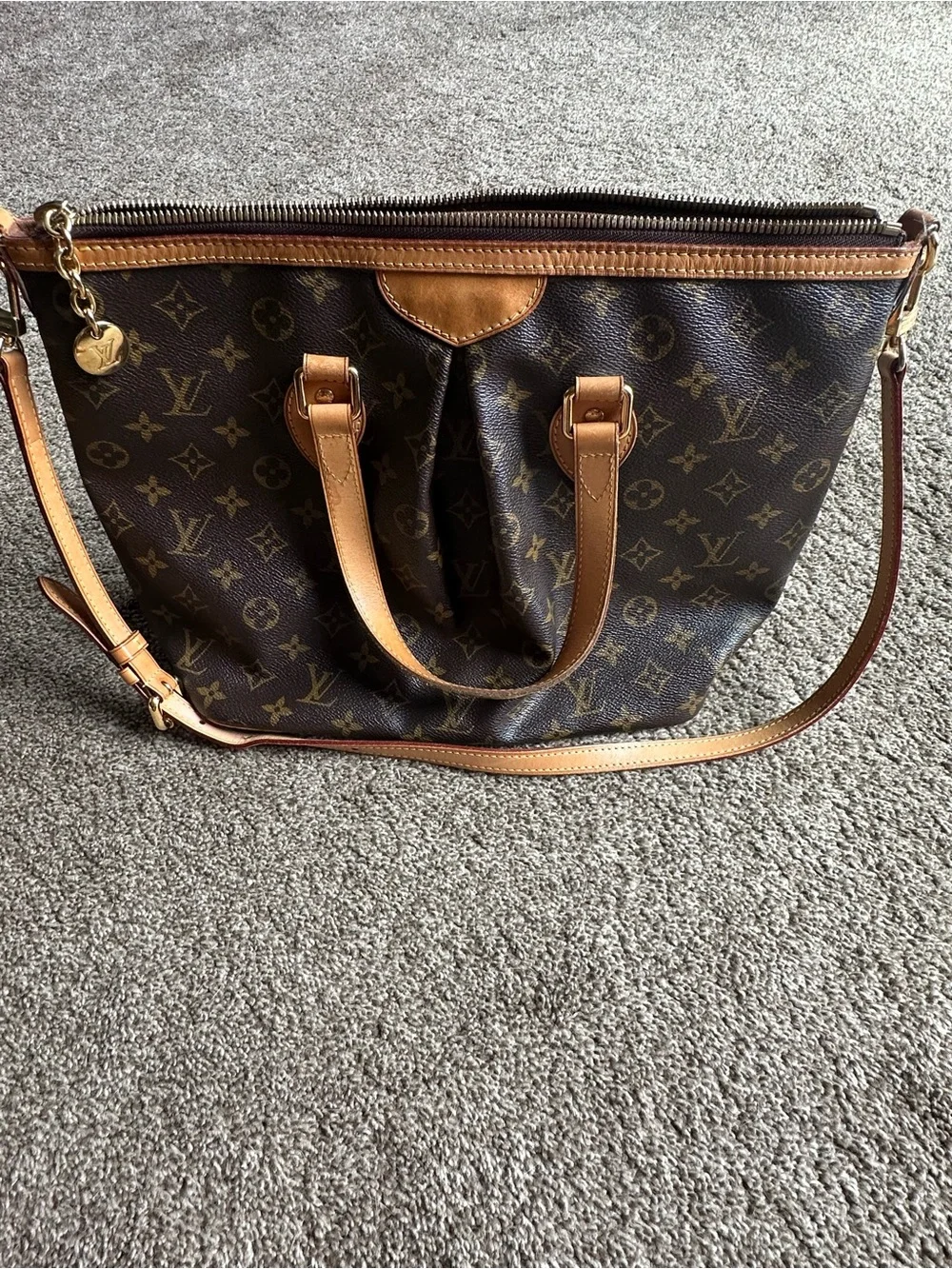 Louis Vuitton Monogram Canvas Tote in Dark Brown with Tan Leather Trim Authentic